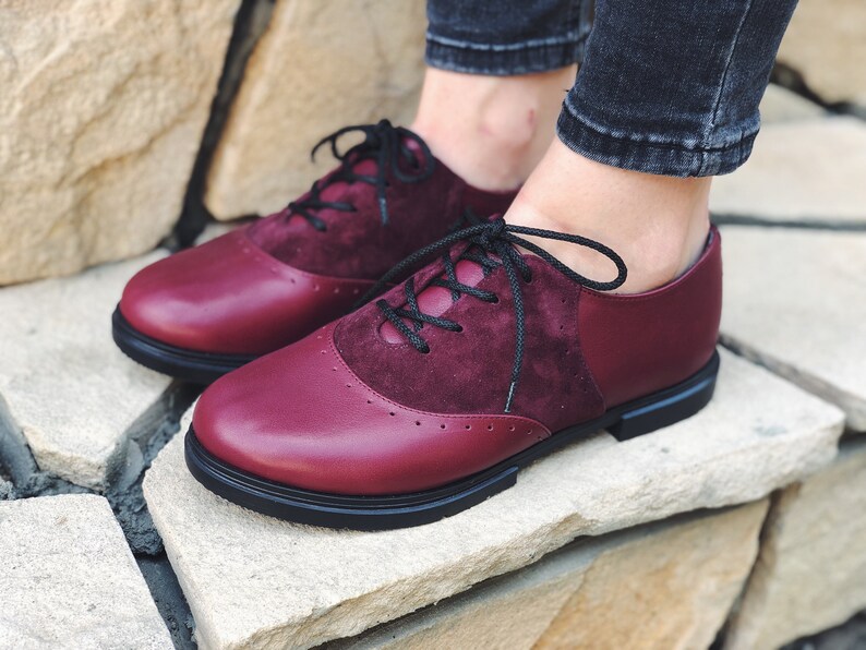 Saddle Oxford Shoes For Woman Burgundy Leather Casual Oxfords Etsy