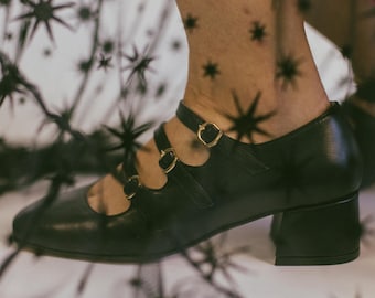 Schwarze Leder Mary Jane Schuhe, Vintage Style Frauen Heels, Square Toe Mid Heel Schuhe
