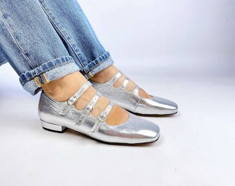Silber Leder Mary Jane Wohnungen mit Dreifach-Riemen, Square Toe Low Heel Schuhe