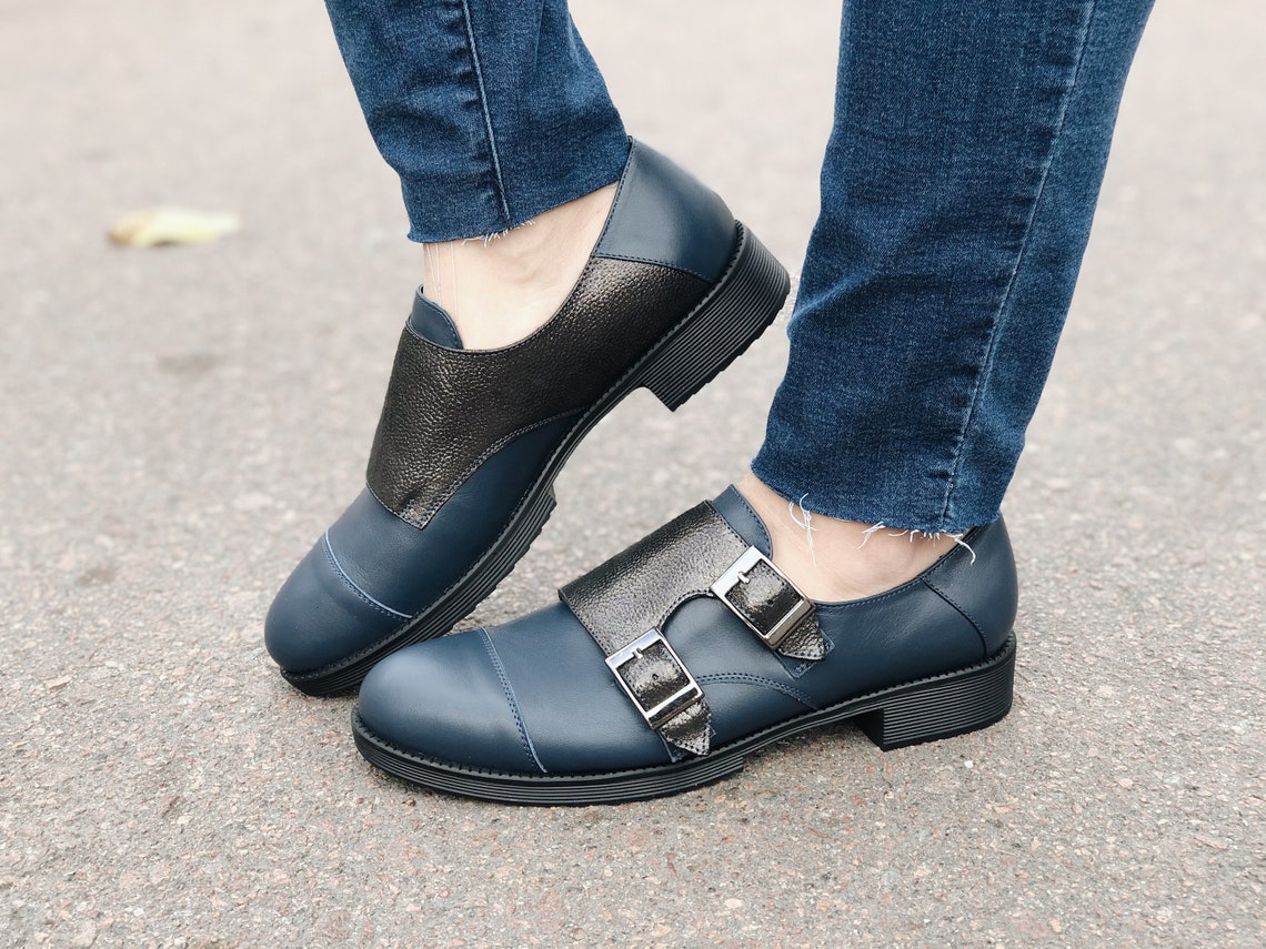 Monk Shoes For Woman Double Strap Monks Dark Blue Leather Etsy