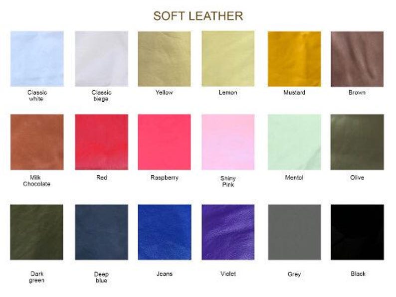 May include: A color chart displaying swatches of soft leather in various colors. The chart includes shades like classic white, yellow, red, and black, with text labels for each color. The title "SOFT LEATHER" is at the top.