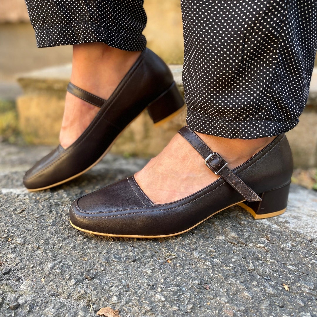 Vintage Style Brown Leather Mary Jane Shoes With Low Block Heel Elegant — free download