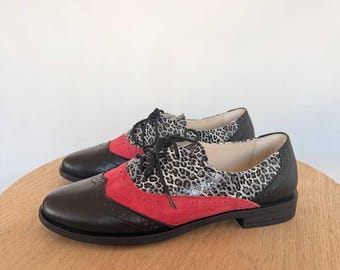 Black Leather Oxford Shoes with Raspberry Suede and Dark Leopard Print