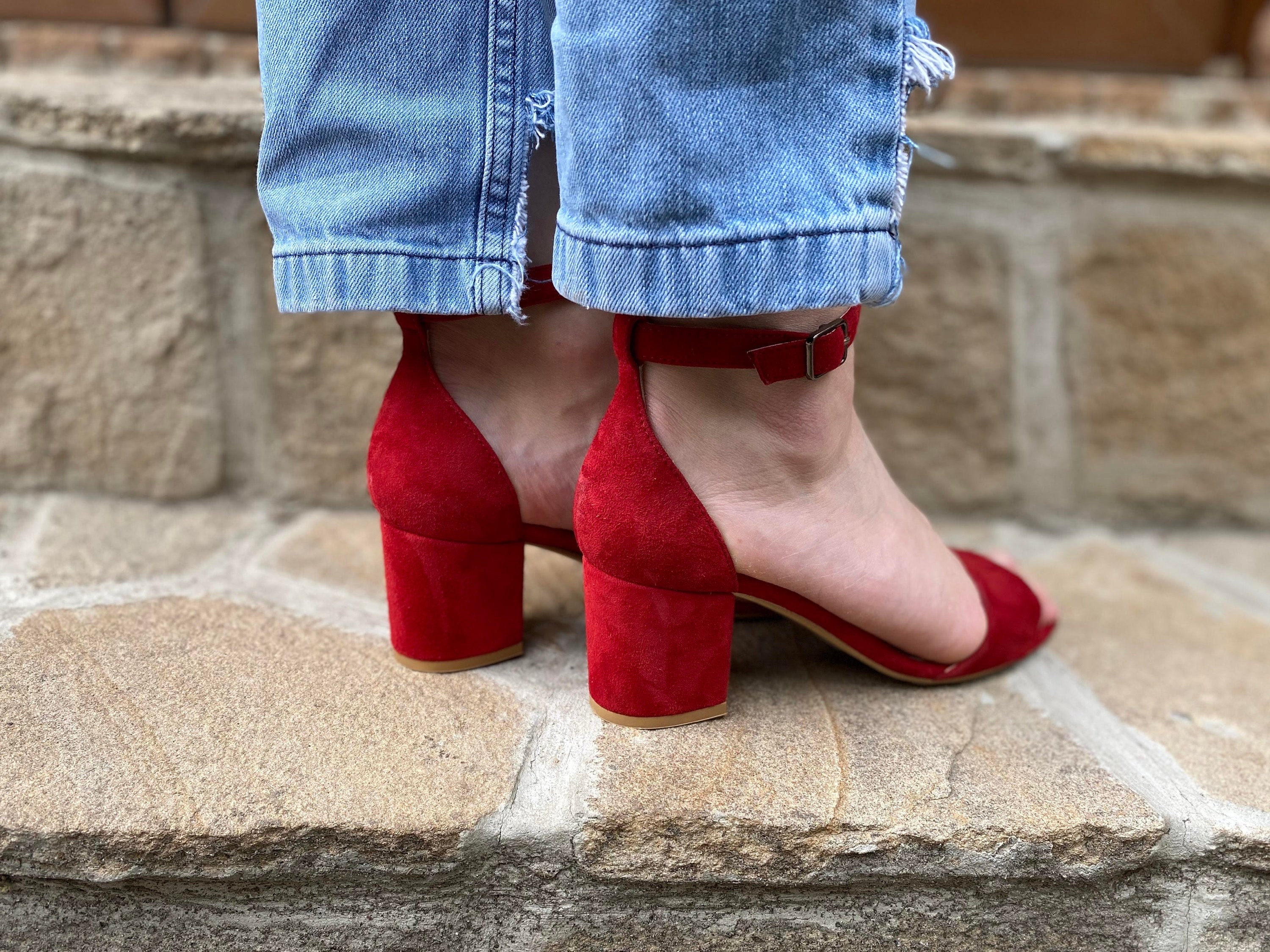 Sandals Heels Red Suede Summer Sandals For Woman Leather Etsy