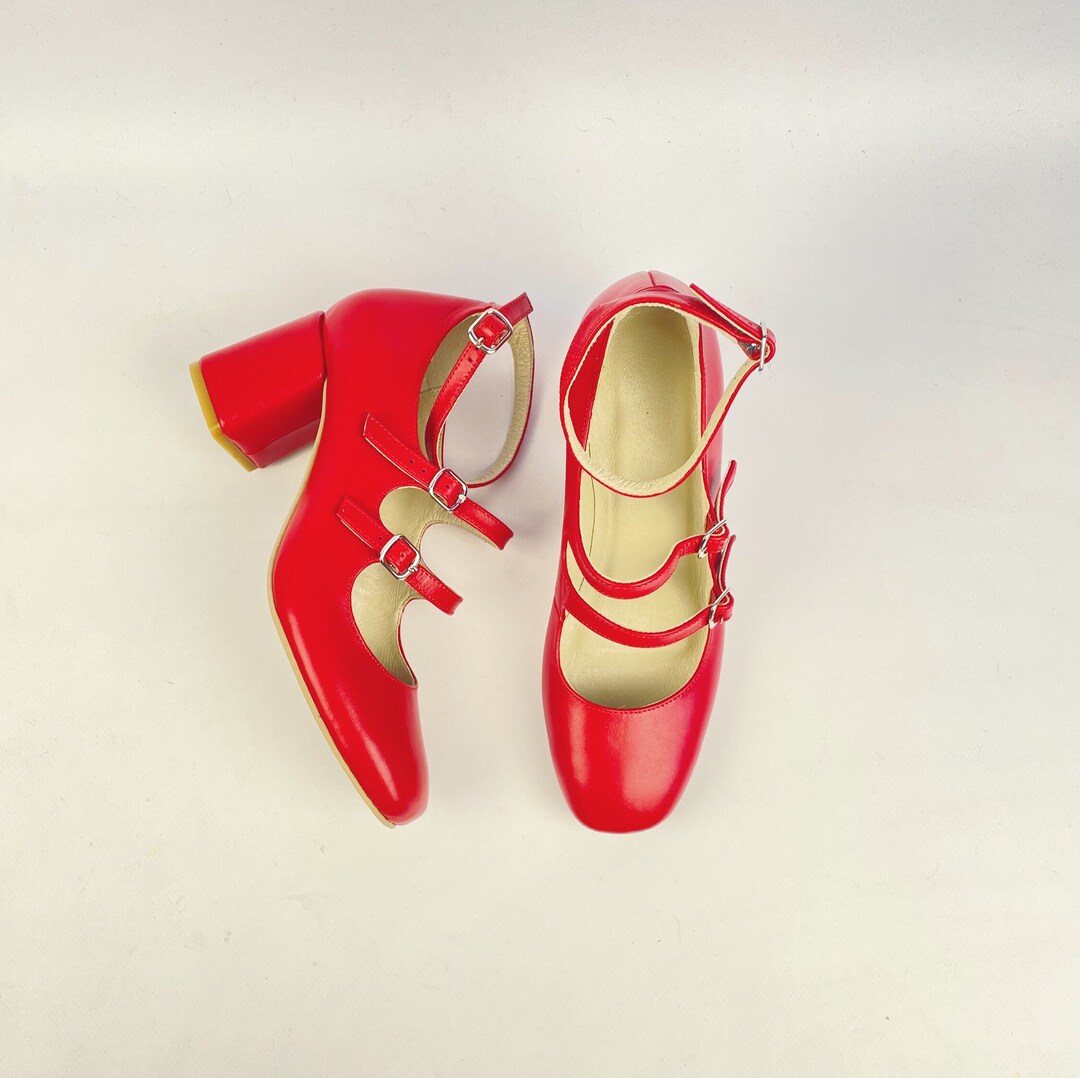 Mary Jane Red Leather Block Heels for Women, Ankle Strap Mary Jane