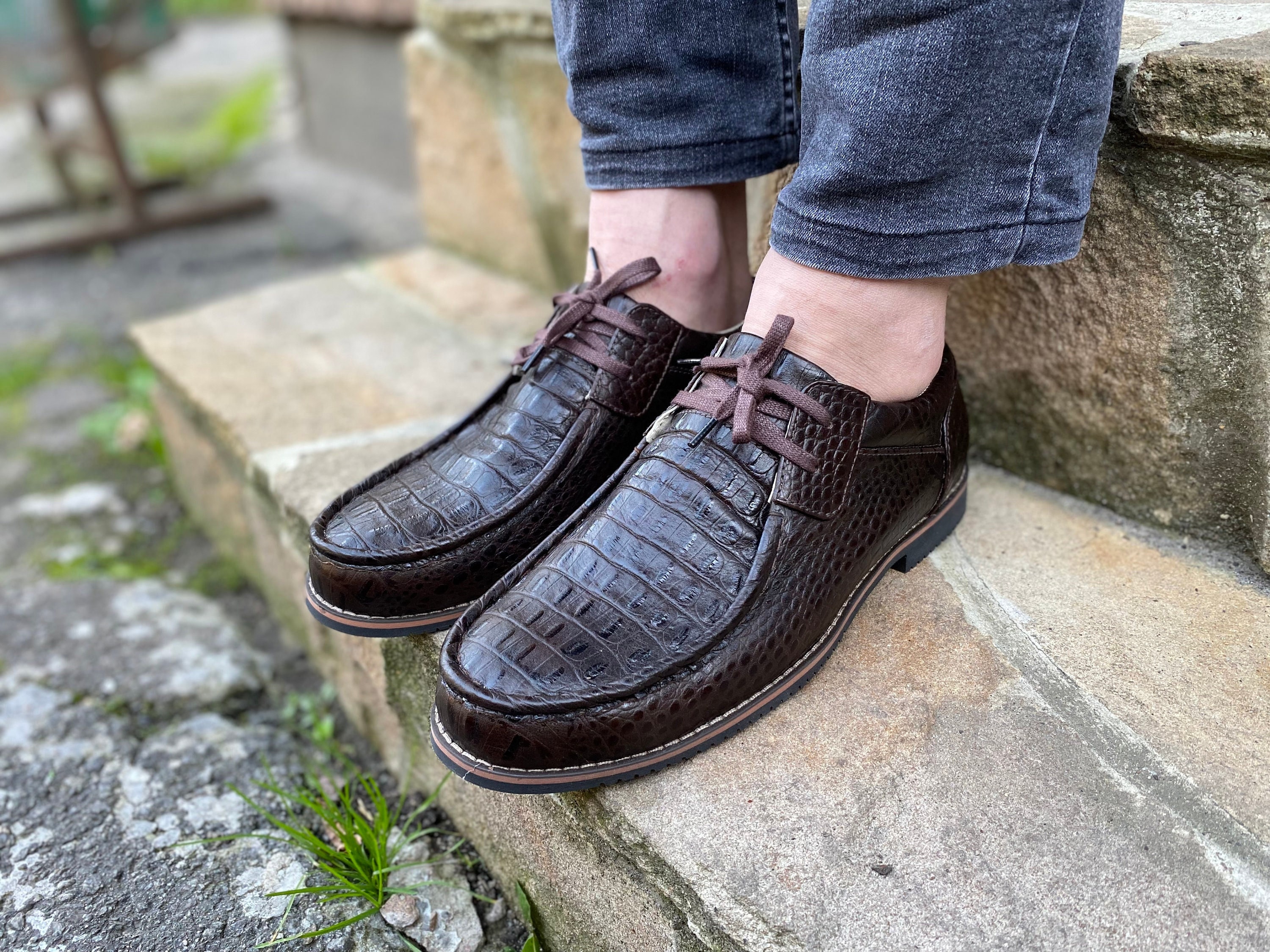 Loafers for Men Brown Crocodile Pattern Leather, Lace Up Mens Moccasin Genuine Leather, Custom Men Shoes for Men Free Personalize