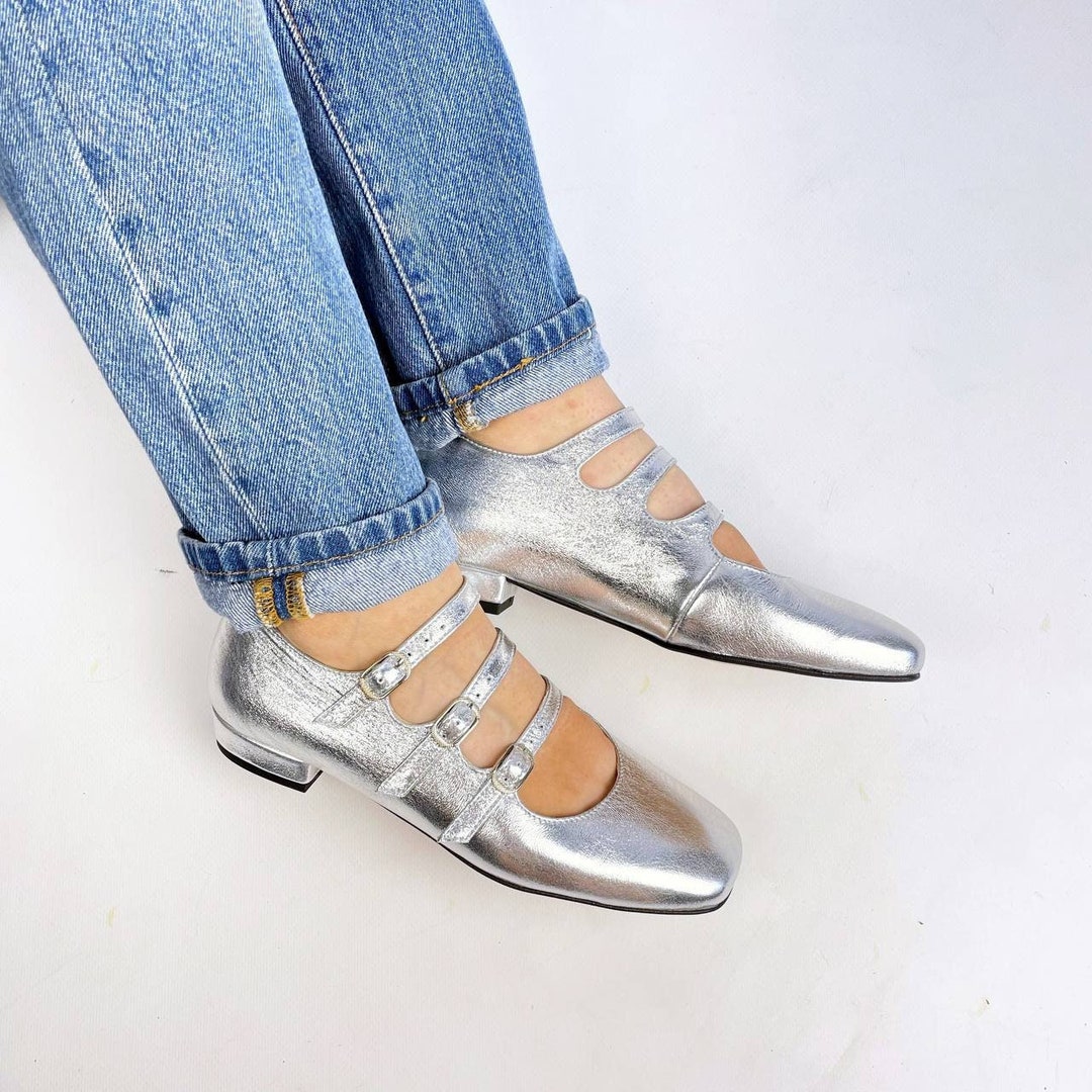 Mary Jane Shoe Low Silver Leather 1 Inch Heels, Square Toe Mary Jane ...