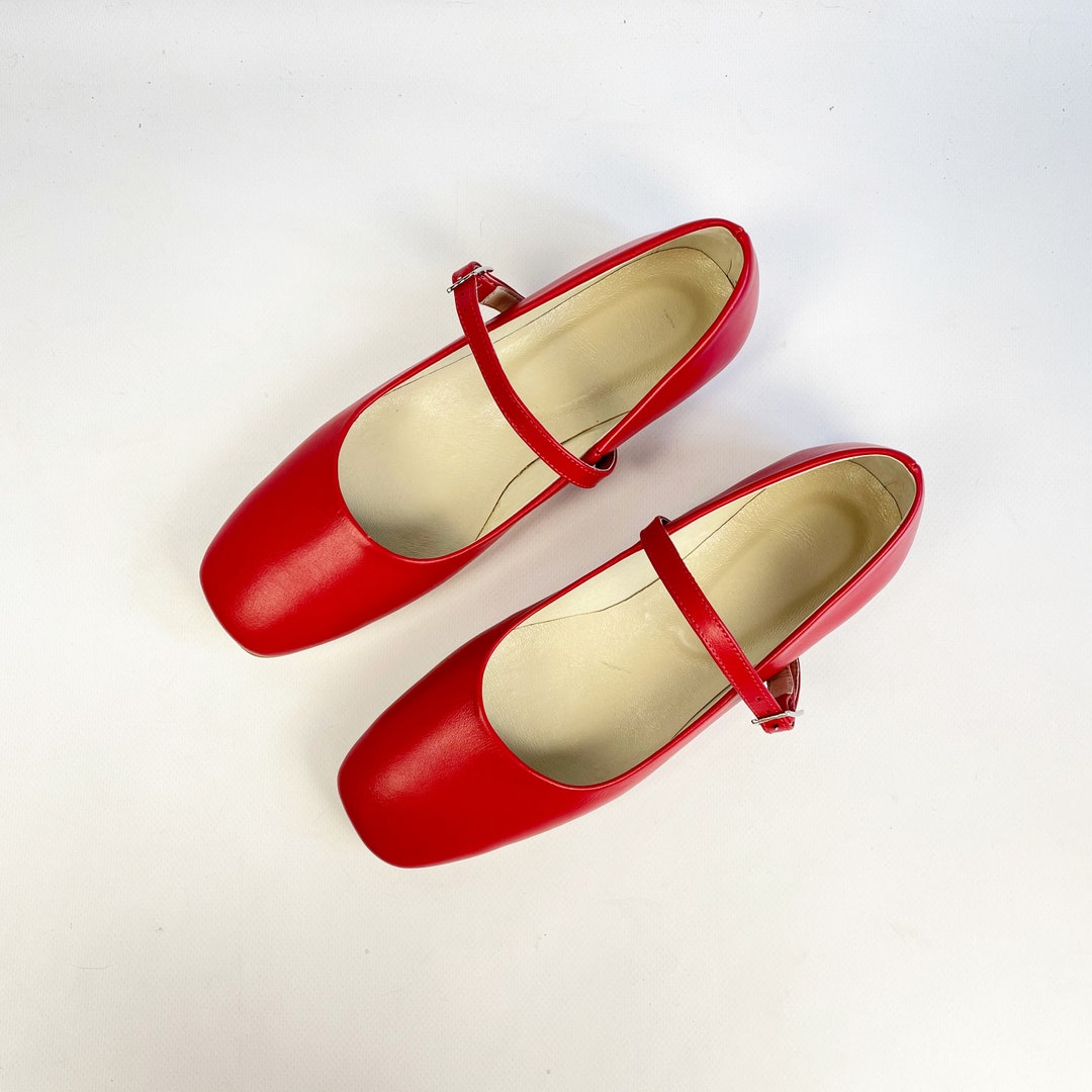 Red Mary Jane Flats for Women, Leather Ballet Shoes Square Toe ...
