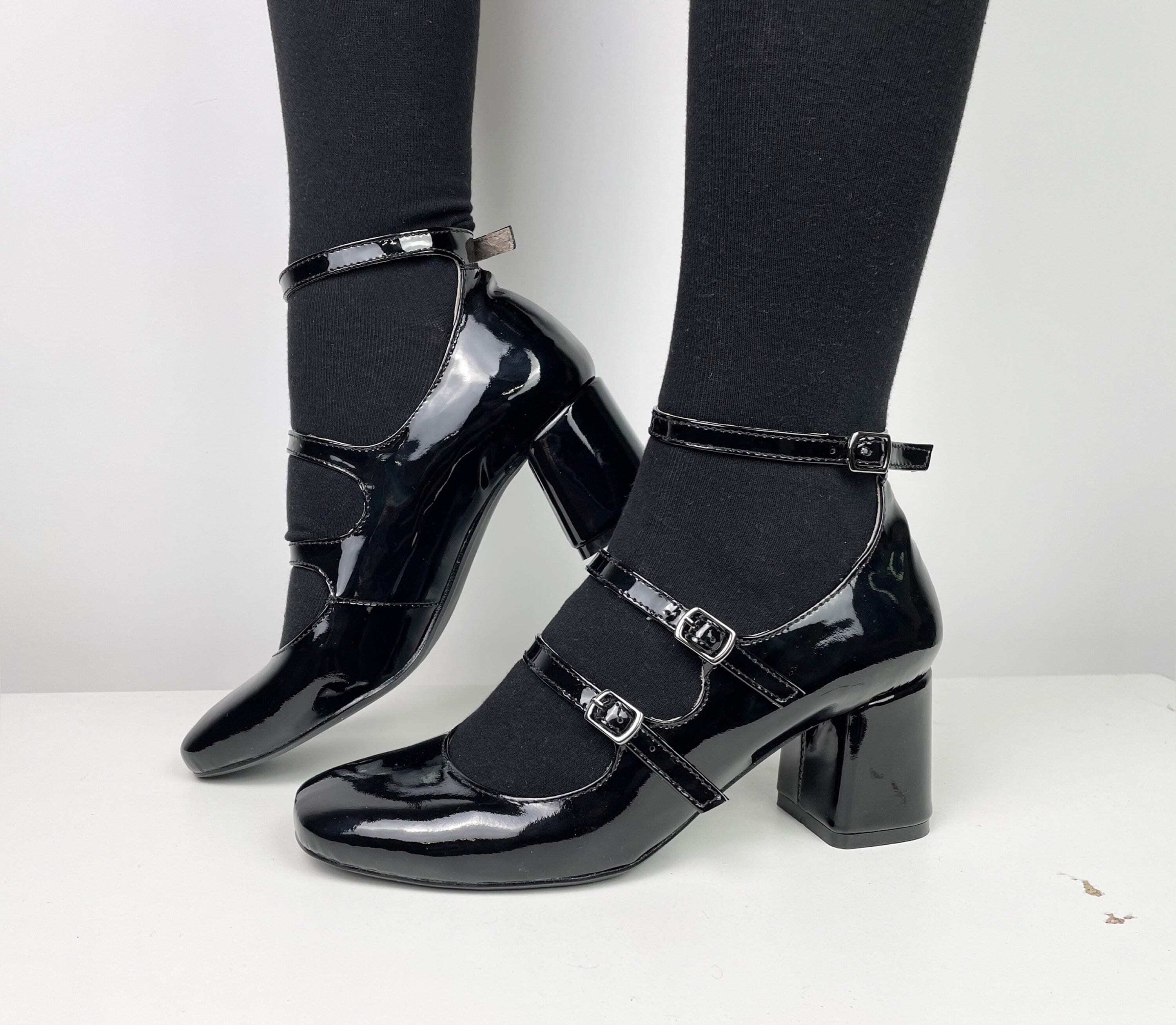 Mary Jane Heeled Pumps for Women Black Patent || Ankle Strap Mary Jane Shoes Leather Block Heels