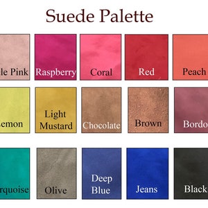 May include: Suede Palette with 15 color swatches. The colors are: Pale Pink, Raspberry, Coral, Red, Peach, Lemon, Light Mustard, Chocolate, Brown, Bordo, Turquoise, Olive, Deep Blue, Jeans, and Black.