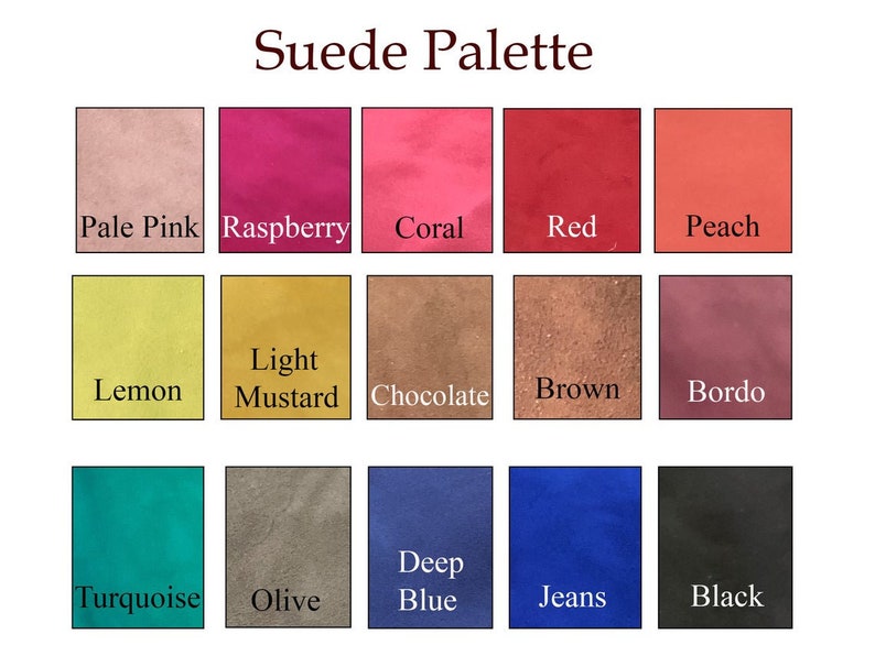 May include: Suede Palette with 15 color swatches. The colors are: Pale Pink, Raspberry, Coral, Red, Peach, Lemon, Light Mustard, Chocolate, Brown, Bordo, Turquoise, Olive, Deep Blue, Jeans, and Black.