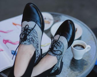 Floral Printed Leather Oxford Shoes – Handmade Brogue Flats