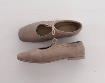 Beige Suede Ballet Flats with Tie Detail, Minimalist Soft Leather Slip-On Shoes