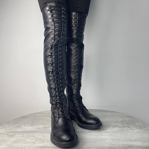 Handmade Over-the-Knee Leather Corset Boots: Custom Fit Gothic Combat Style