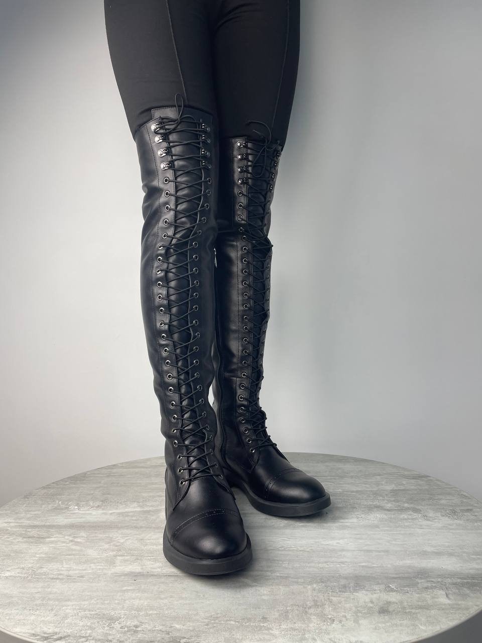 Combat Boots Over The Knee Black Genuine Leather Thigh High Flat Boots Custom Wide Calf Free Personalized