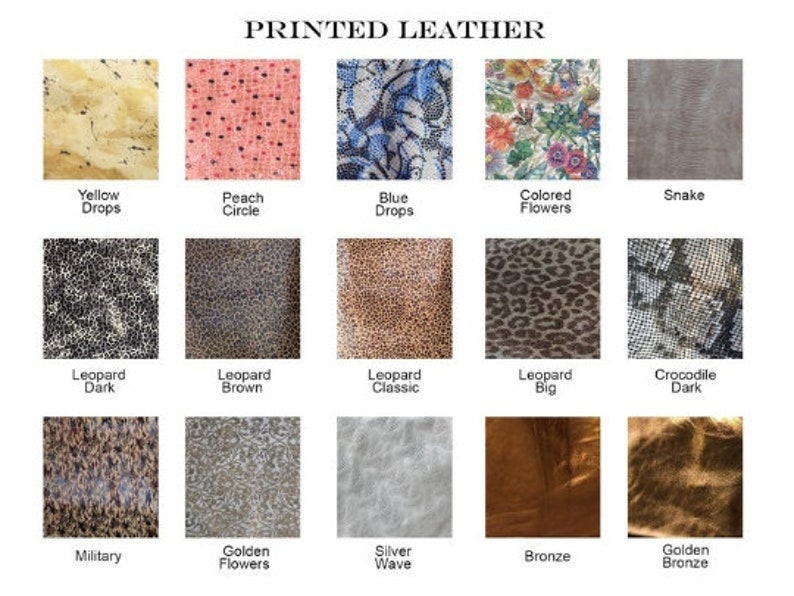 K&ouml;nnte beinhalten: Abbildung verschiedener bedruckter Ledertexturen. Die Muster umfassen "Yellow Drops", "Peach Circle" und florale Designs. Tierdrucke wie Leopard und Schlange sind ebenfalls zu sehen, zusammen mit metallischen Oberfl&auml;chen wie Bronze und Goldbronze.