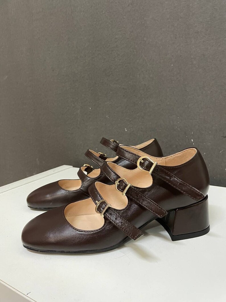 Mary Jane Pumps Low Leather Heels Mary Jane Shoes Brown Etsy