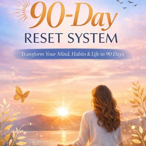 May include: Book cover with the title "90-Day RESET SYSTEM" in gold lettering. The image features a woman meditating with a sunset backdrop, a butterfly, and the text "Transform Your Mind, Habits & Life in 90 Days".