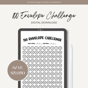 May include: A black and white digital printable 100 Envelope Challenge tracker with a grid of 100 numbered circles. The text "100 Envelope Challenge" is at the top of the tracker. The text "Start Date" and "End Date" are below the title. The text "Save $5,050" is in the lower left corner of the tracker.