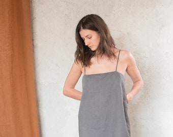 Short linen dress, Linen strap dress, Slip linen dress, Grey linen dress, Simple linen dress, Square neck dress, Summer linens, Lightweight