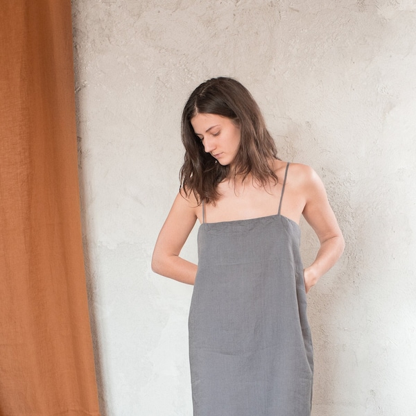 Short linen dress, Linen strap dress, Slip linen dress, Grey linen dress, Simple linen dress, Square neck dress, Summer linens, Lightweight