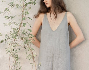 Linen deep V neck dress, Smock dress, Linen nightgown, Women's nightdress, Linen midi dress, Light grey knee dress, strap dress Midsummer