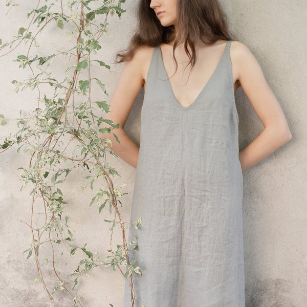 Linen deep V neck dress, Smock dress, Linen nightgown, Women's nightdress, Linen midi dress, Light grey knee dress, strap dress Midsummer