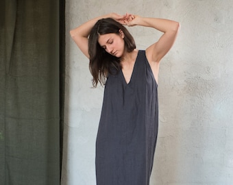 Long linen dress, Linen nightgown, Smock dress, Linen maxi dress, Linen nightdress, Linen strap dress, Linen V neck dress, Anthracite dress