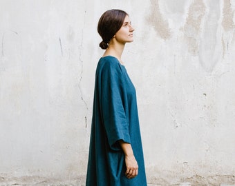 Square neck dress for women, Oversize linen dress with pockets, Wide sleeve linen dress, Cottagecore dress, Turquoise linen dress, Loose fit