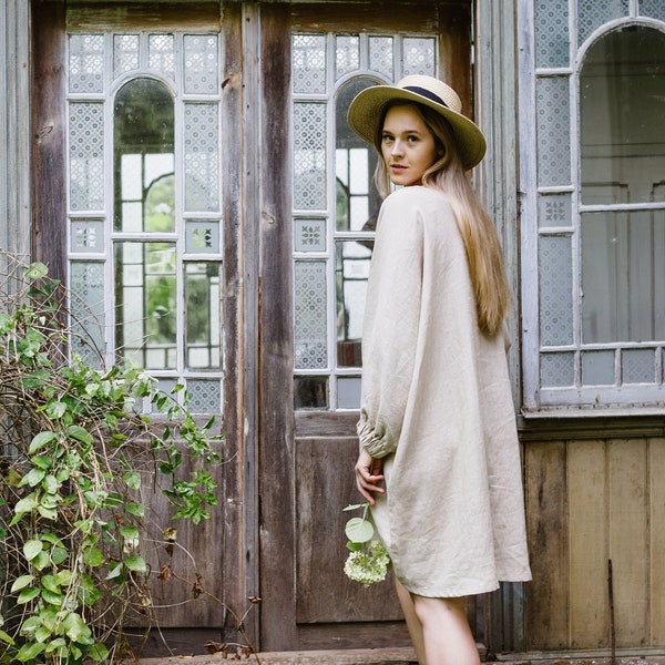 Oversize linen dress, Linen chemise, Long sleeve linen dress, Comfortable linen dress, Women's nightwear, Soft linen robe, Puff sleeve dress