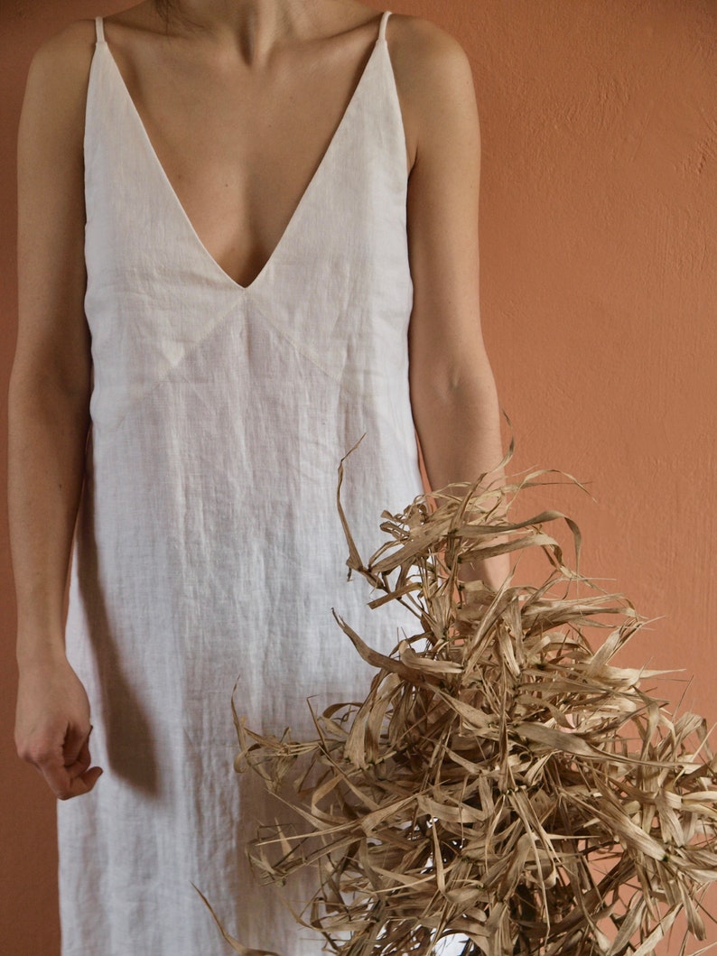 White Linen Dress Linen Slip Dress Linen Nightgown Deep V Etsy