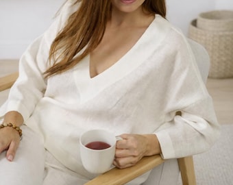 Handgemachte weiße Leinen Pyjama Set: Weiche Tunika & Hose