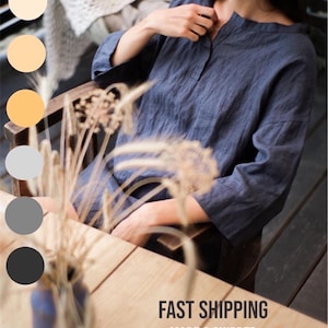 Short blue linen women’s tunic / Damen kurze blaue Leinen-Tunika / Tunique courte bleue en lin femme / Short blue  linen shirtdress