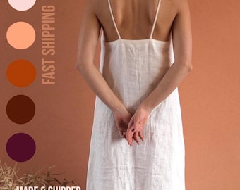 White long linen slip dress V-neck / Weißes langes Leinen-Trägerkleid V-Ausschnitt / Robe longue blanche lin col V / Alma nightwear