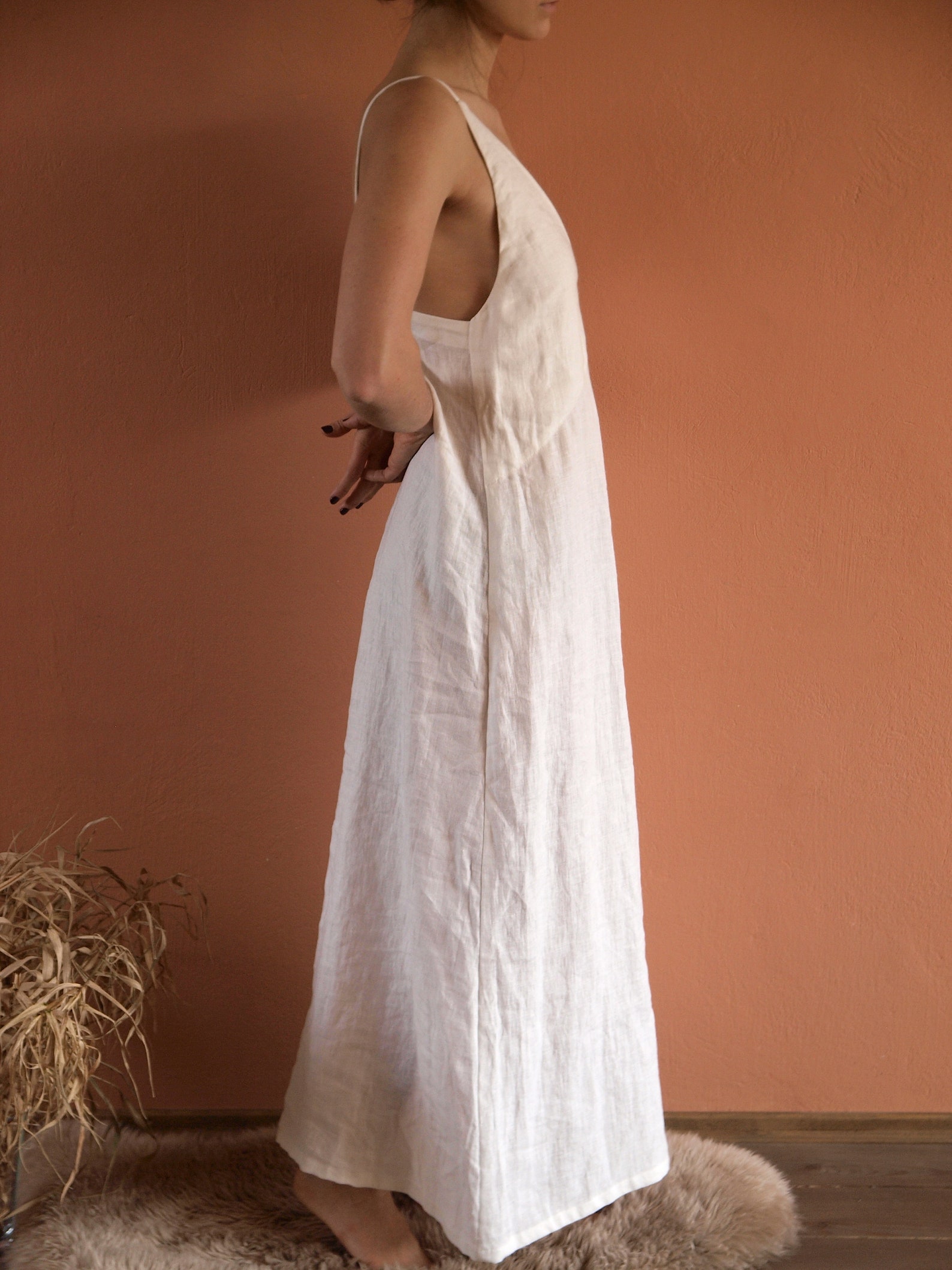 White Linen Dress Linen Slip Dress Linen Nightgown Deep V Etsy