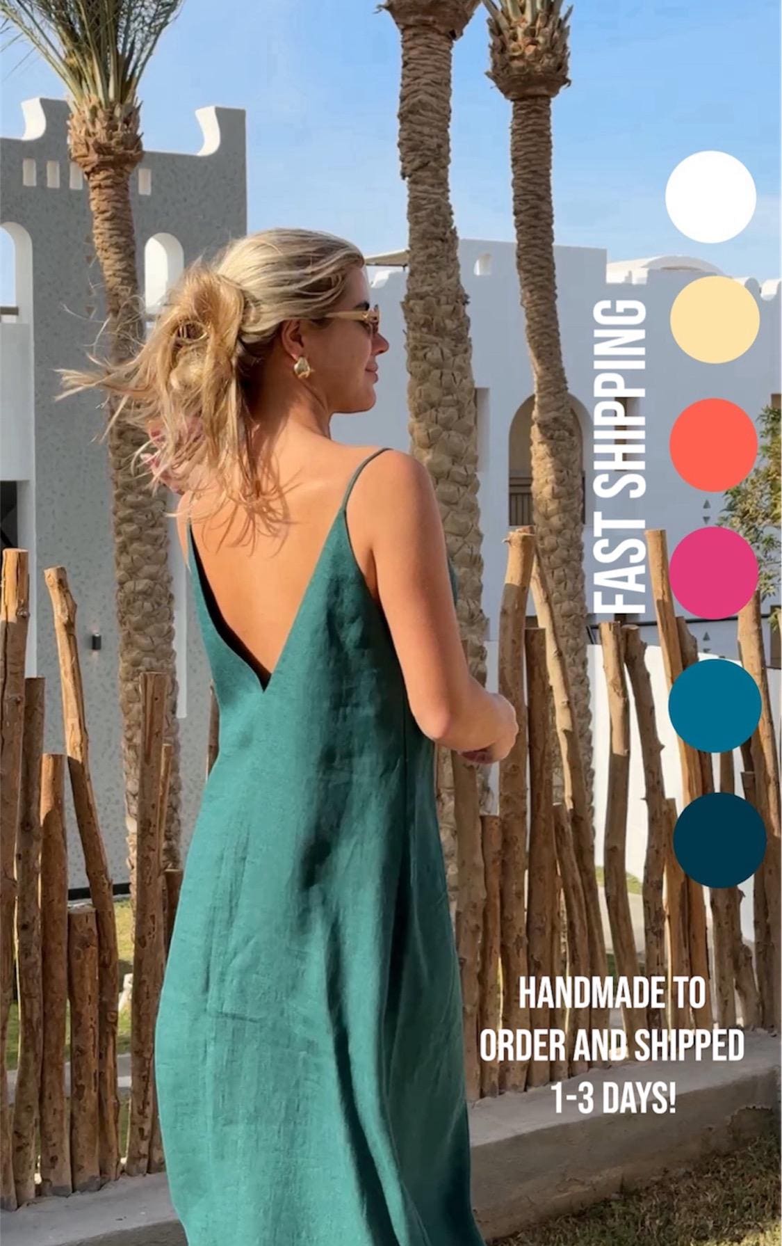 green dress fast shipping Handmade Forest Linen Dress: V-neck Sleeveless Dress, green prom dress