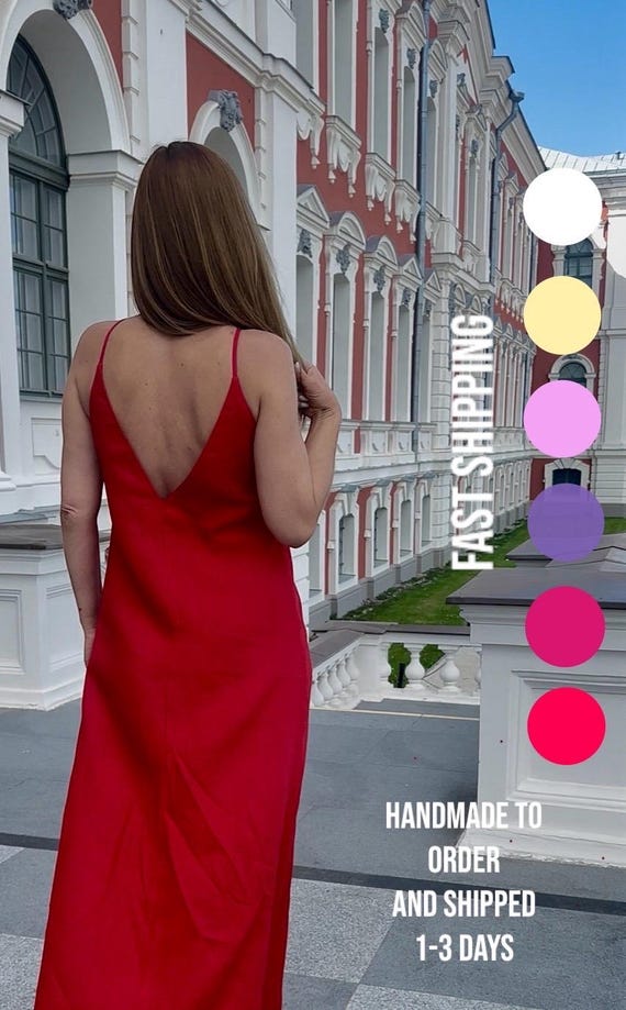 Handmade Poppy Red Linen Maxi Dress: V-Neck Sleeveless Gown