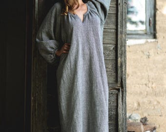 Boho Linen Kaftan Dress: Handmade Long Sleeve Loose-Fit Dress