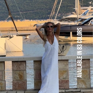 White Linen Slip Dress: Deep V Neck, Handmade Linenwear