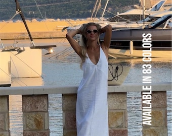 White long linen slip dress V-neck / Weißes langes Leinen-Trägerkleid V-Ausschnitt / Robe longue blanche lin col V / Alma nightwear