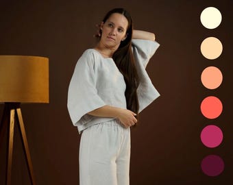 Gray Linen Pajama Set: Handmade Tunic & Shorts Sleepwear