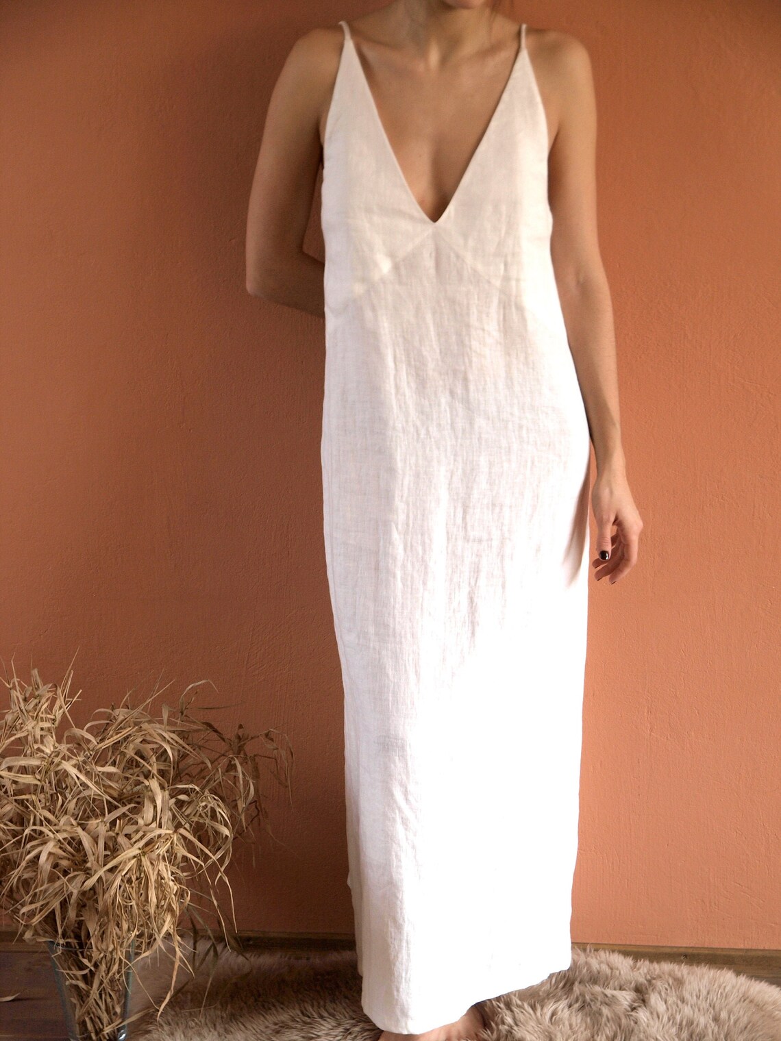 White Linen Dress Linen Slip Dress Linen Nightgown Deep V Etsy
