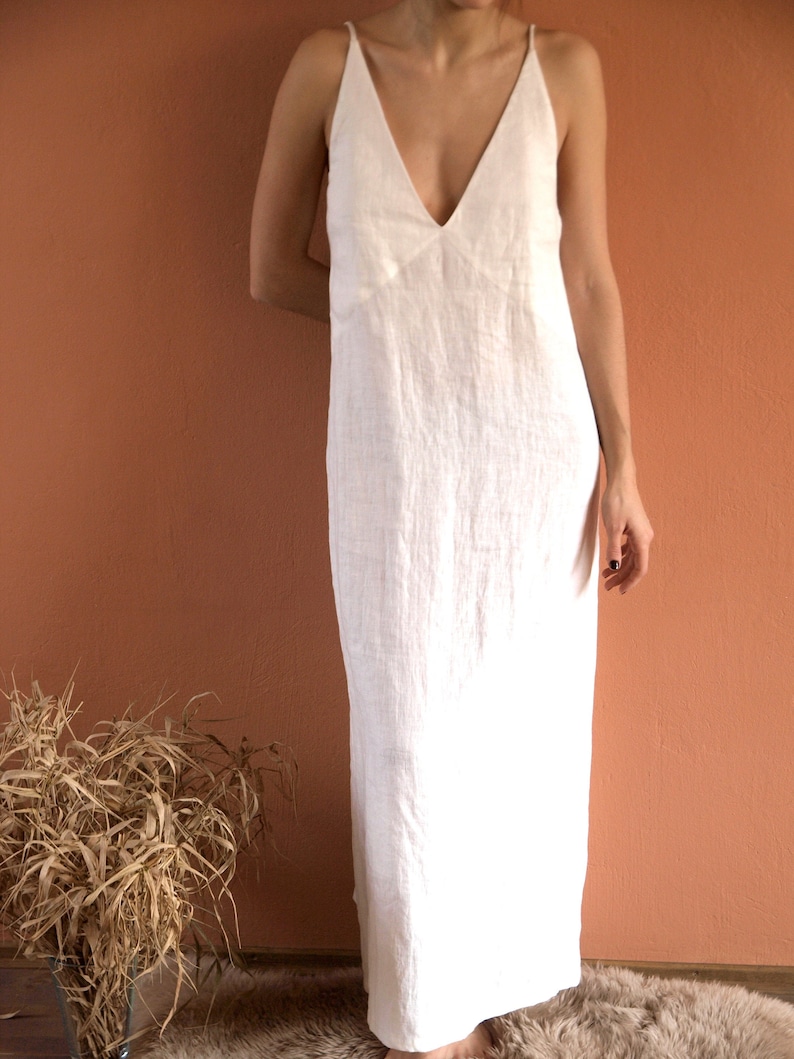 White Linen Dress Linen Slip Dress Linen Nightgown Deep V Etsy