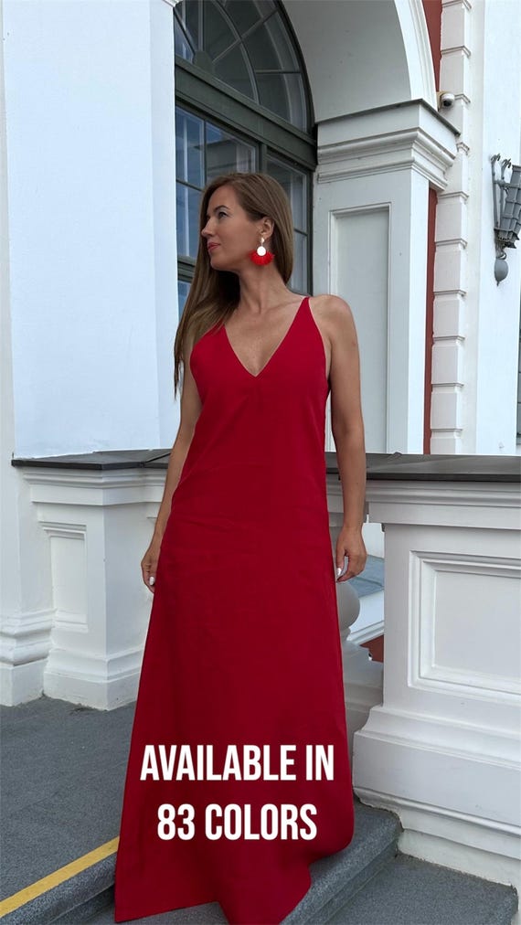 Handmade Red Linen Slip Dress: Elegant V-neck Summer Outfit - Etsy Israel