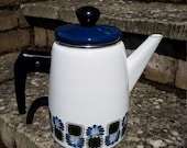 White enamel coffee tea pot with peacock feather design. Vintage Austrian Email enamelware