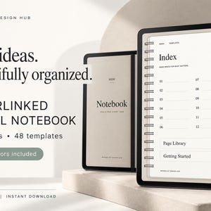 Puede incluir: Un cuaderno digital mostrado en la pantalla de una tableta con una página de índice de doce secciones numeradas, cuarenta y ocho plantillas y cinco colores de portada. La pantalla muestra el texto 'Index', 'Page Library' y 'Getting Started'.