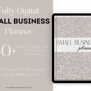 May include: A digital planner for small businesses with a gray and white cover. The cover has a textured design and the text "SMALL BUSINESS planner" is printed in black. The planner has over 60 pages to track and develop your business.