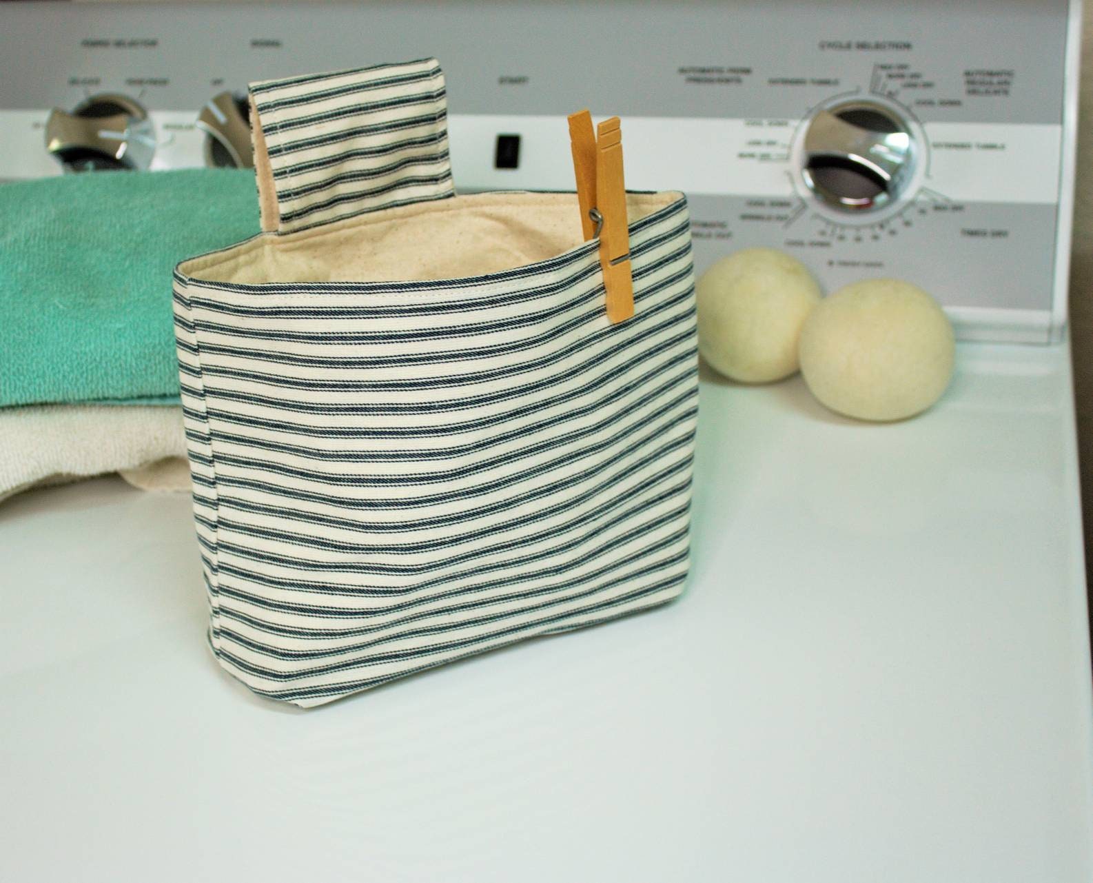 Blue Ticking Clothespin Bag/ Lined Peg Bag
