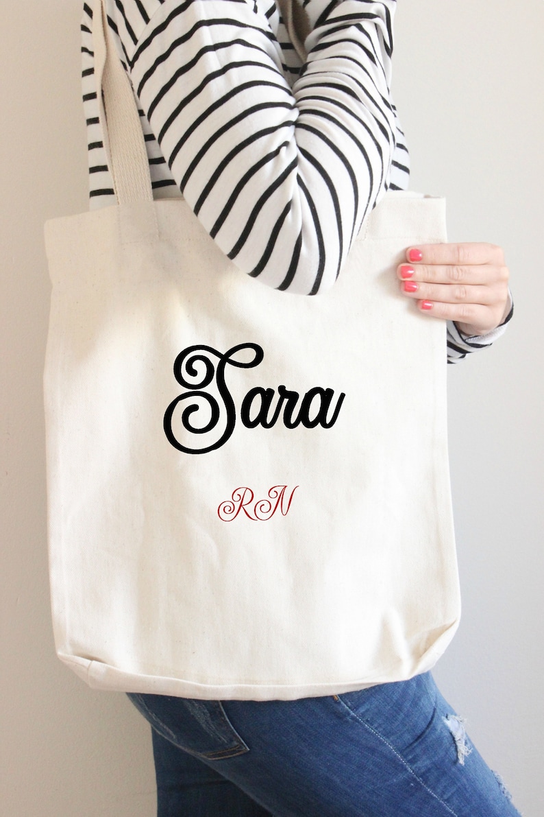 Give a nurse a tote with their name and title nurse book bag nurse reusable tote use for nurse essentials nurse market bag