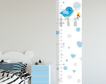 Sticker mural de tableau de croissance garçon personnalisé, tableau de croissance personnalisé, pépinière de décalque de règle murale, toise de hauteur de bébé avec oiseau, cadeau enfant, cadeau d’anniversaire